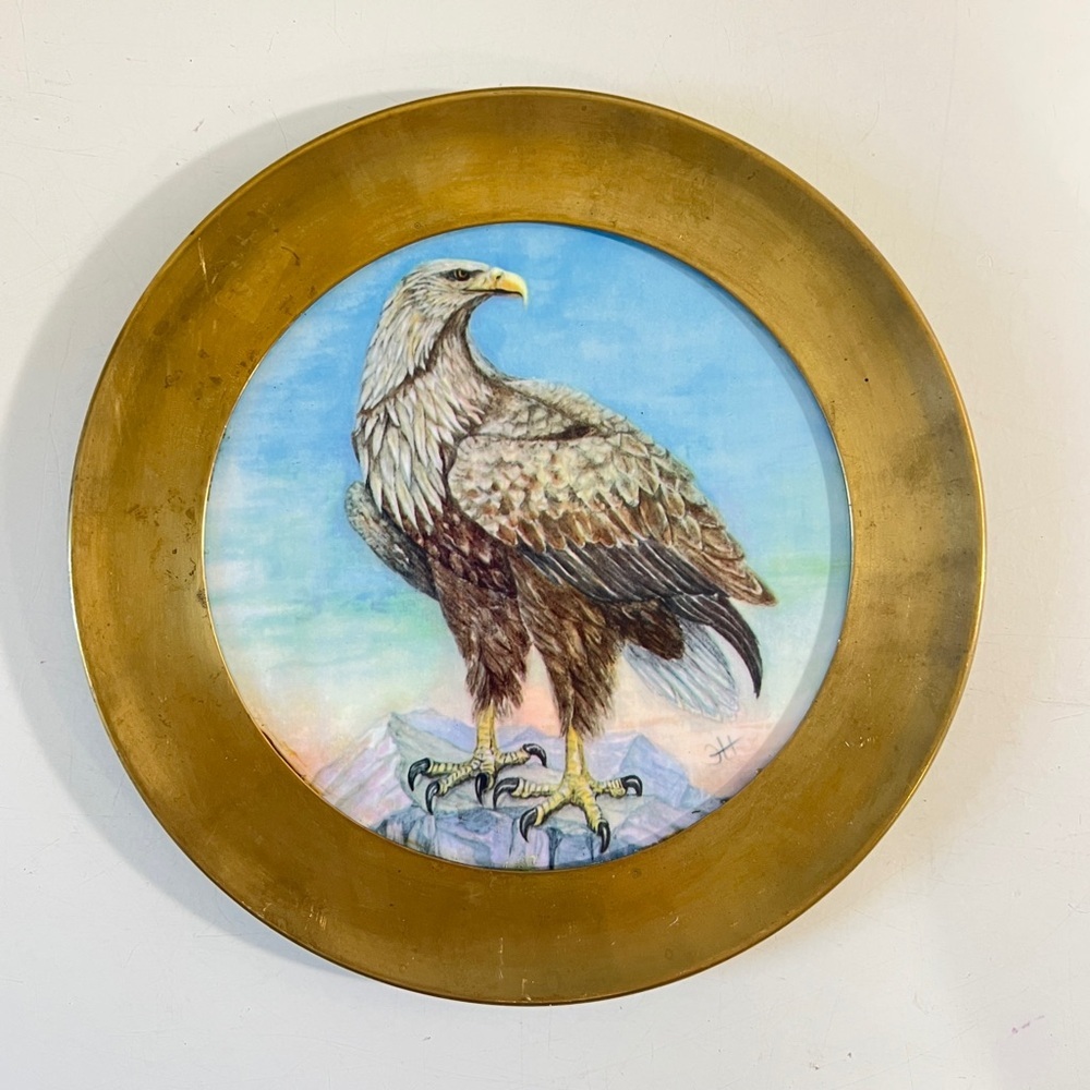 Vintage Ceramic Tile Brass Framed Eagle Wall Plate Rehau Keramik Wild Life Decor